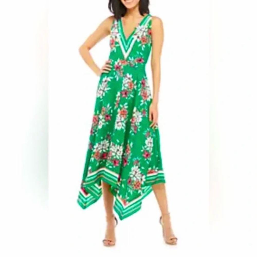 Vince Camuto Floral Handkerchief-Hem A-Line Dress in green